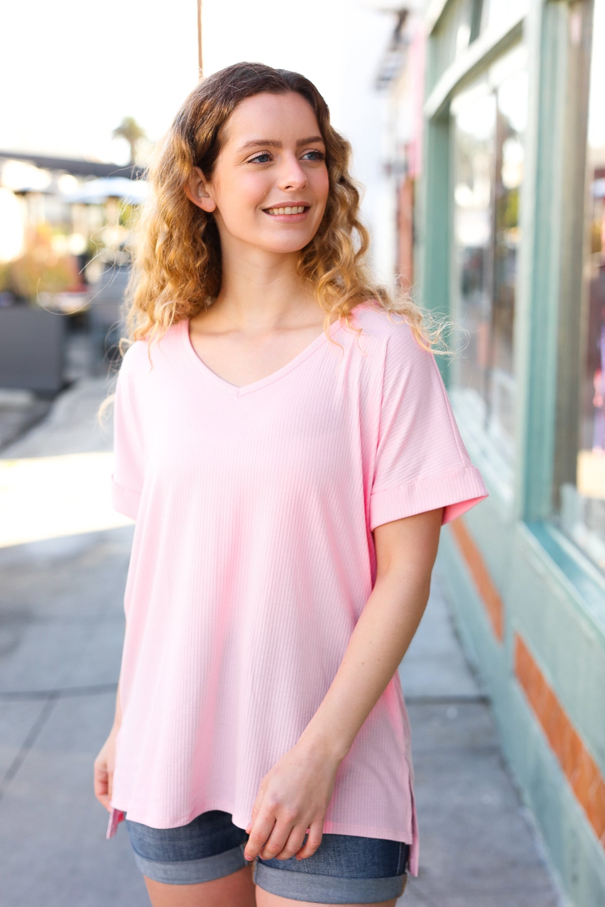 Dusty Pink Ribbed V-Neck Hi-Low Hem Top