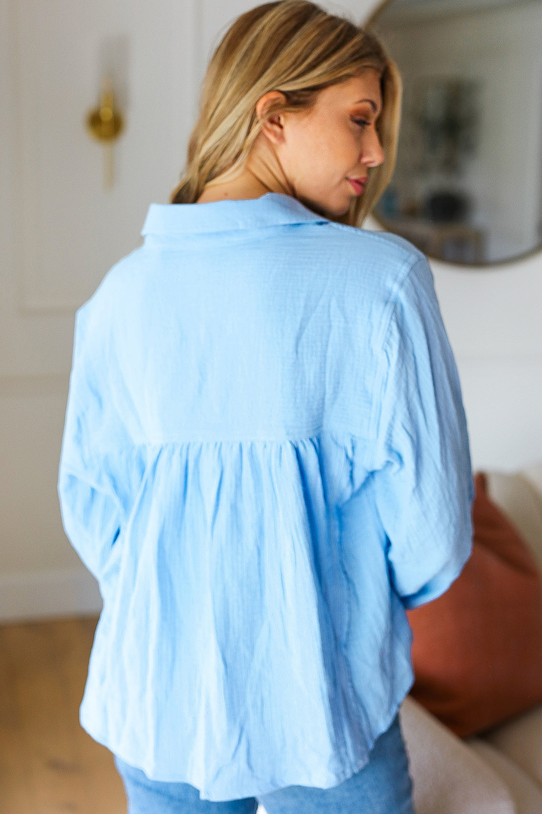 Blue Collared Notched Neckline Cotton Blouse