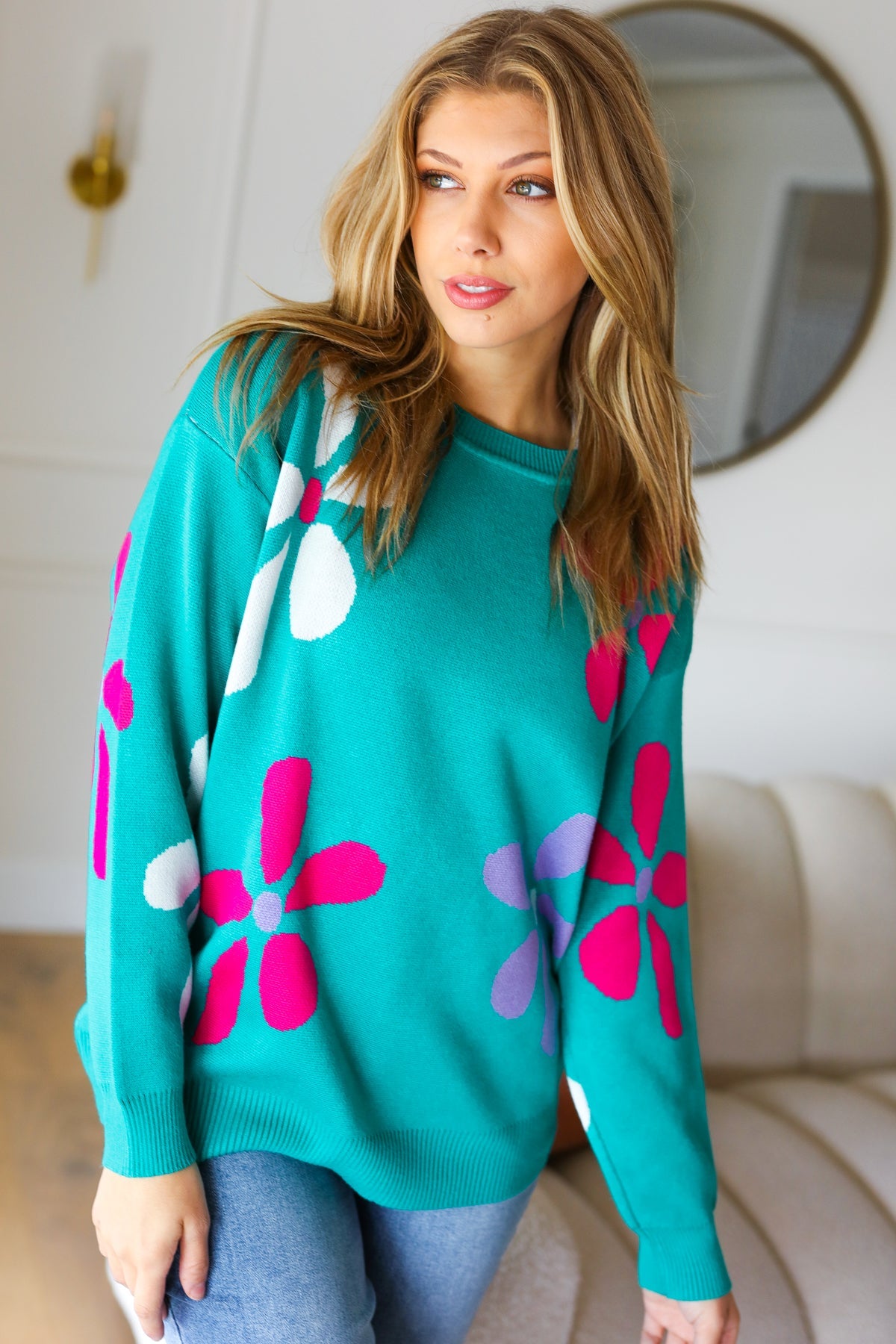 Turquoise Daisy Flower Jacquard Pullover Sweater
