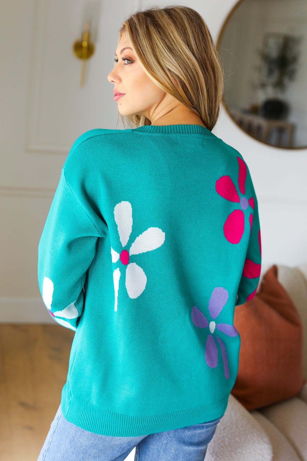 Turquoise Daisy Flower Jacquard Pullover Sweater