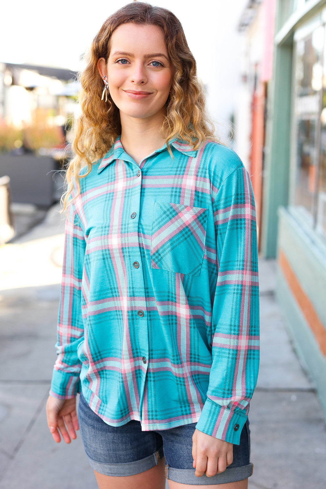 Teal Plaid Shacket With Front Pocket