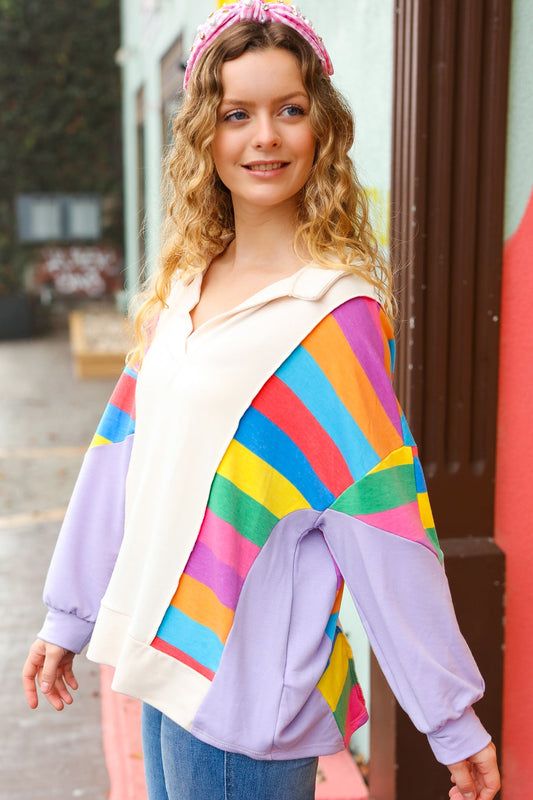 Lilac Multicolor Stripe Collared V Neck Pullover