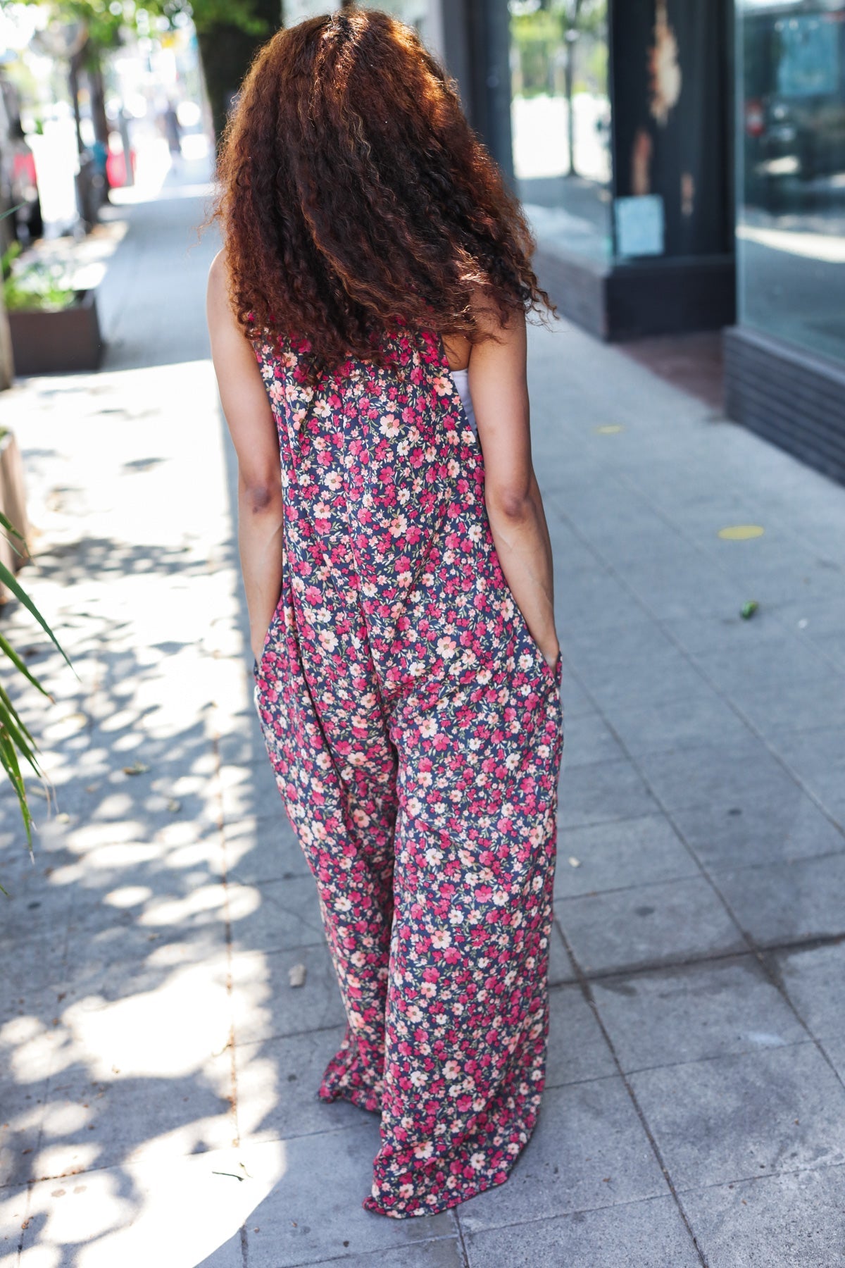 Navy Floral Print Baggy Overall Jumpsuit