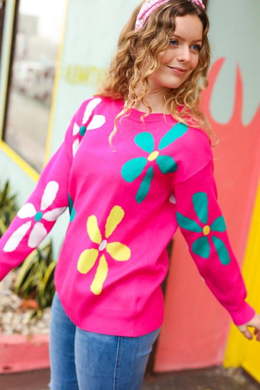 Hot Pink Daisy Jacquard Pullover Sweater