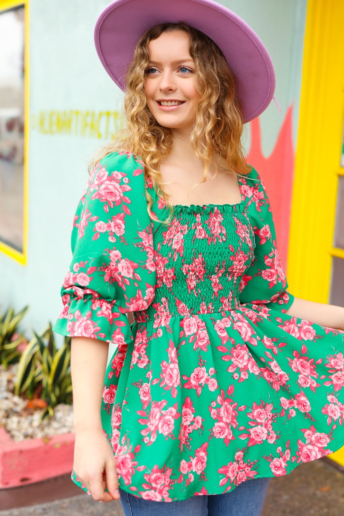 Smocked Green & Coral Floral Babydoll Blouse