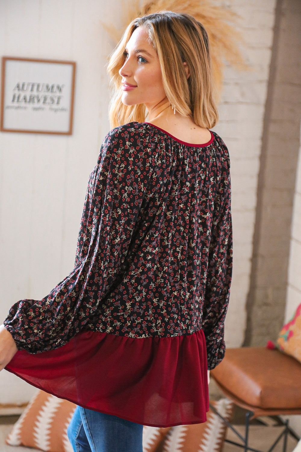 Wine Ditsy Floral Front Tie Ruffle Hem Top
