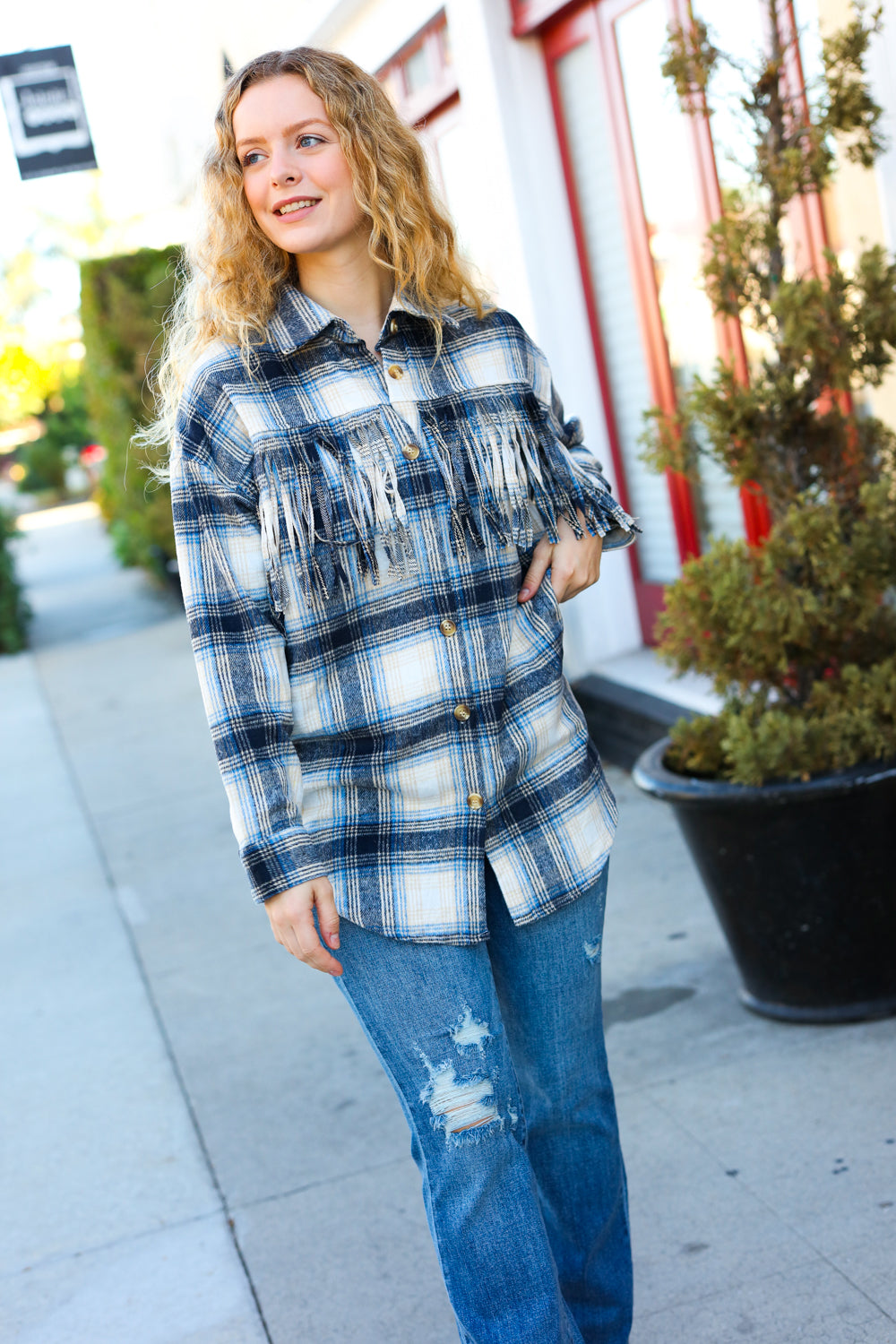 Navy Plaid Fringe Button Down Shacket