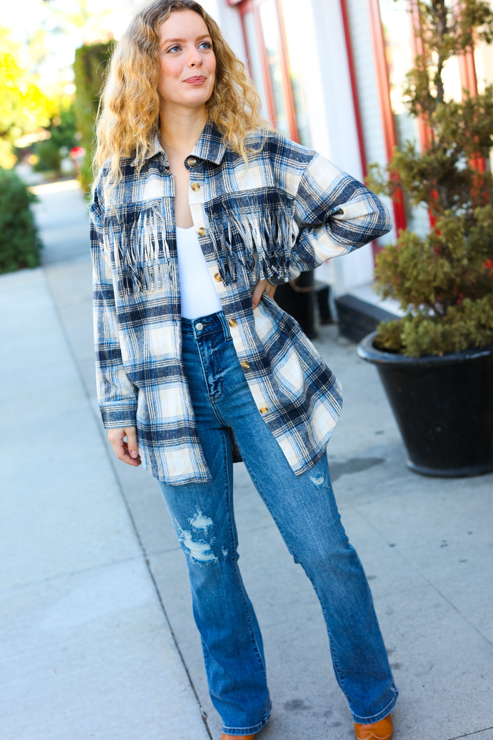 Navy Plaid Fringe Button Down Shacket