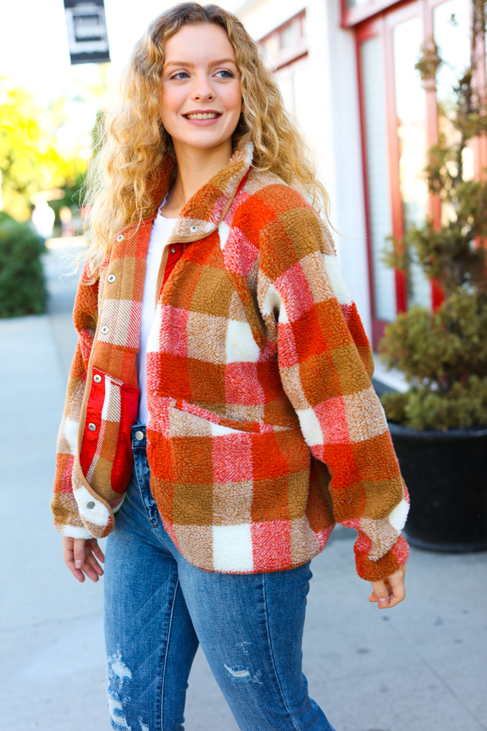 Rust & Camel Plaid Sherpa Button Down Jacket