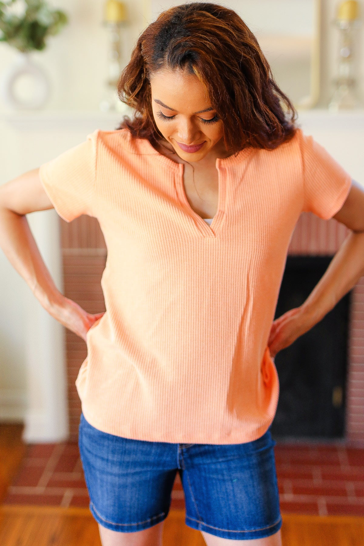 Orange Melange Baby Waffle Henley Neck Short Sleeve Top