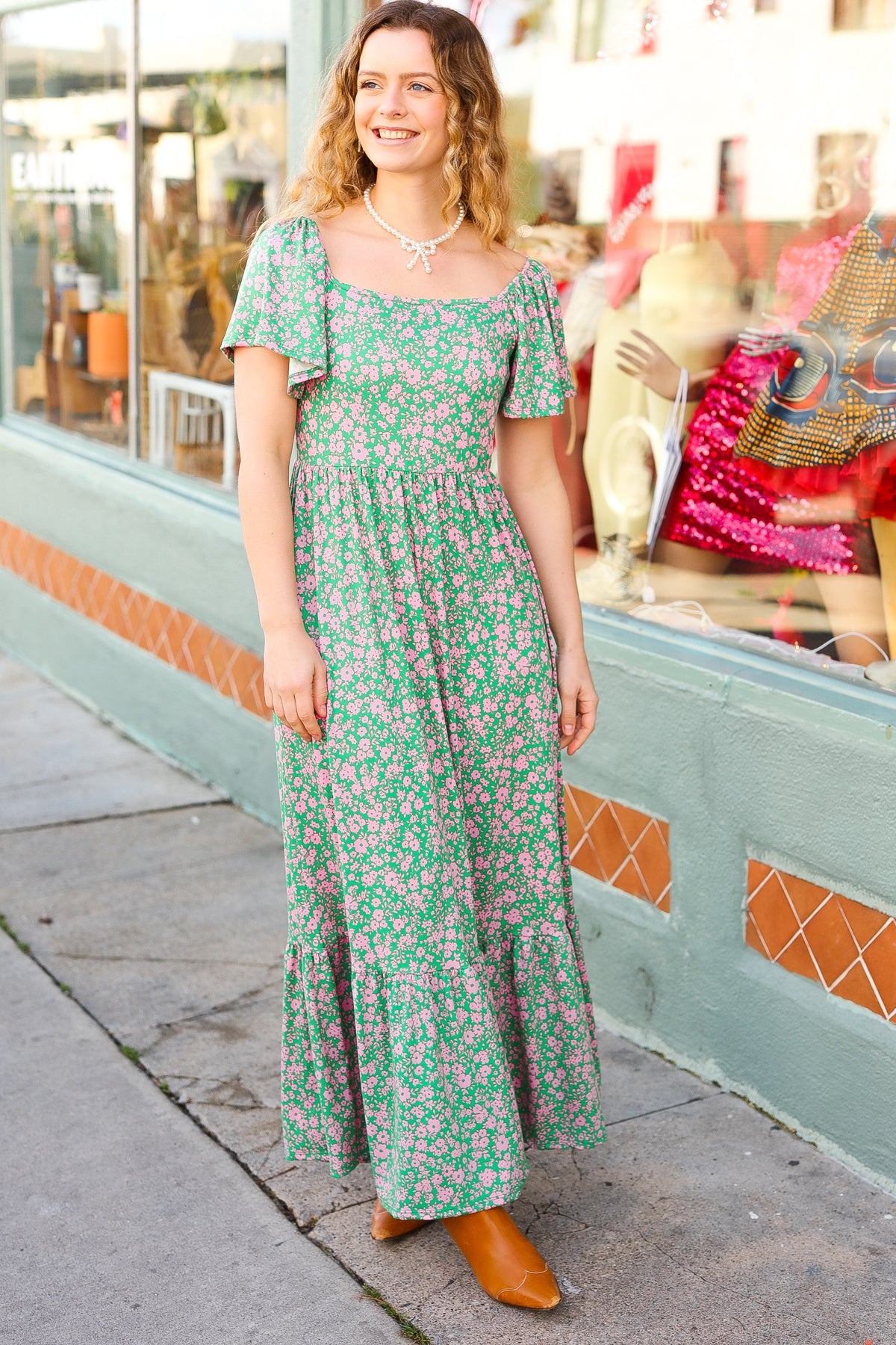 Green Ditsy Floral Fit & Flare Maxi Dress
