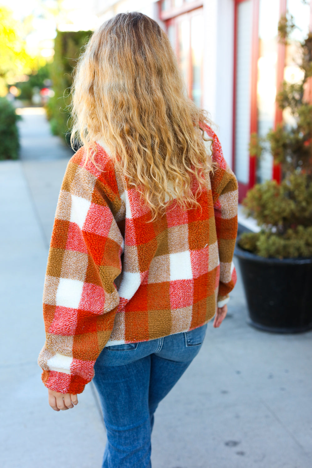 Rust & Camel Plaid Sherpa Button Down Jacket