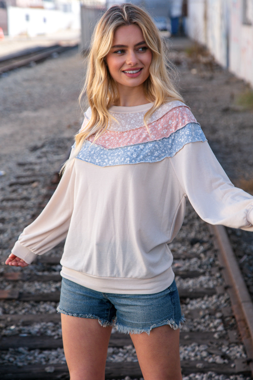 Taupe & Sky Blue Thermal Knit Out Seam Stitch Pullover