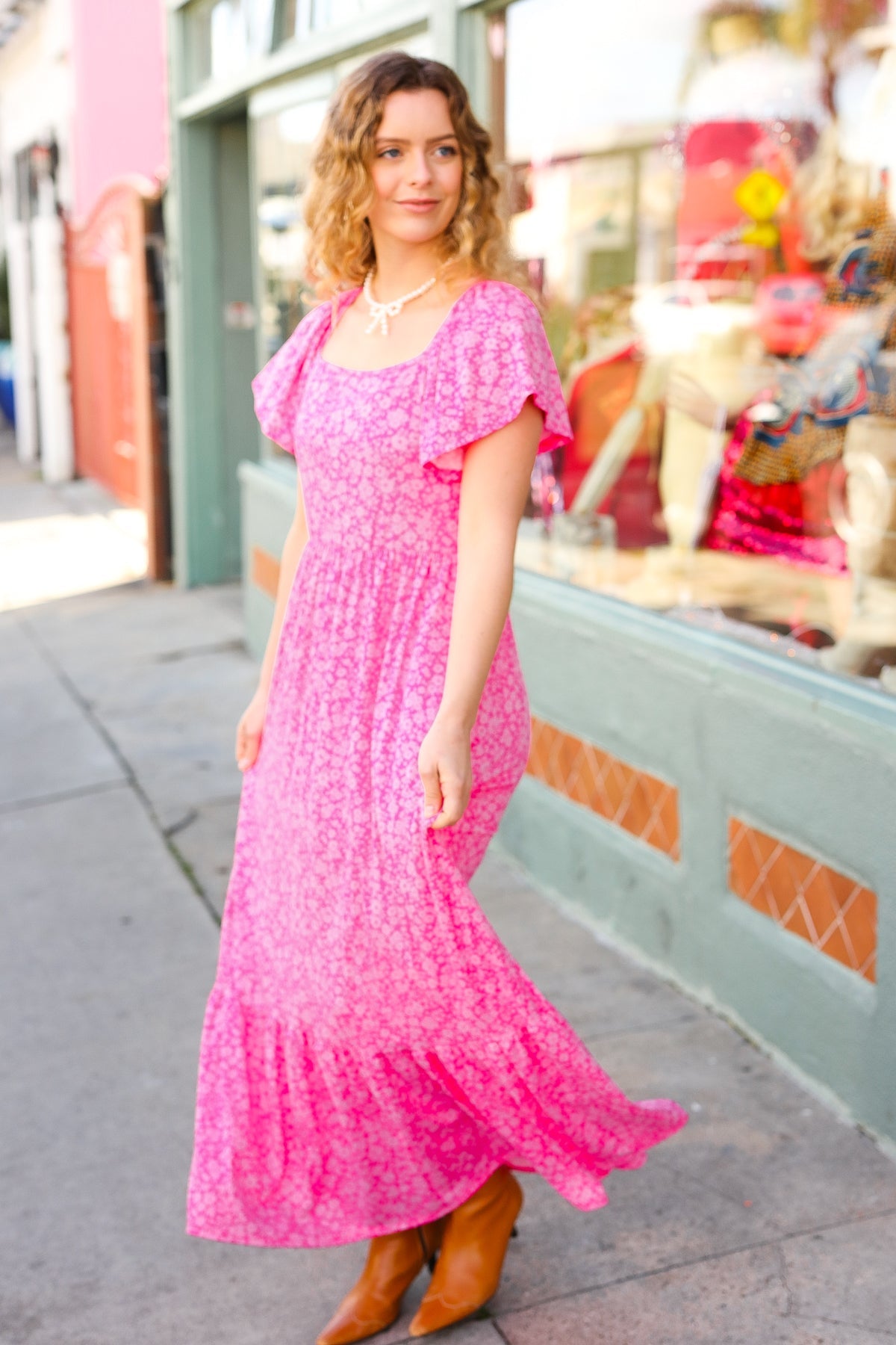 Fuchsia Ditsy Floral Fit & Flare Maxi Dress