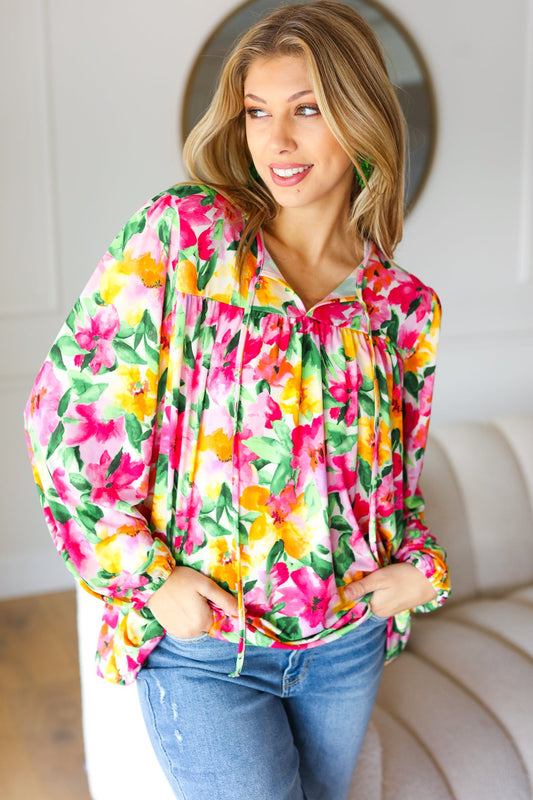 Watercolor Floral Yoke Tie Top