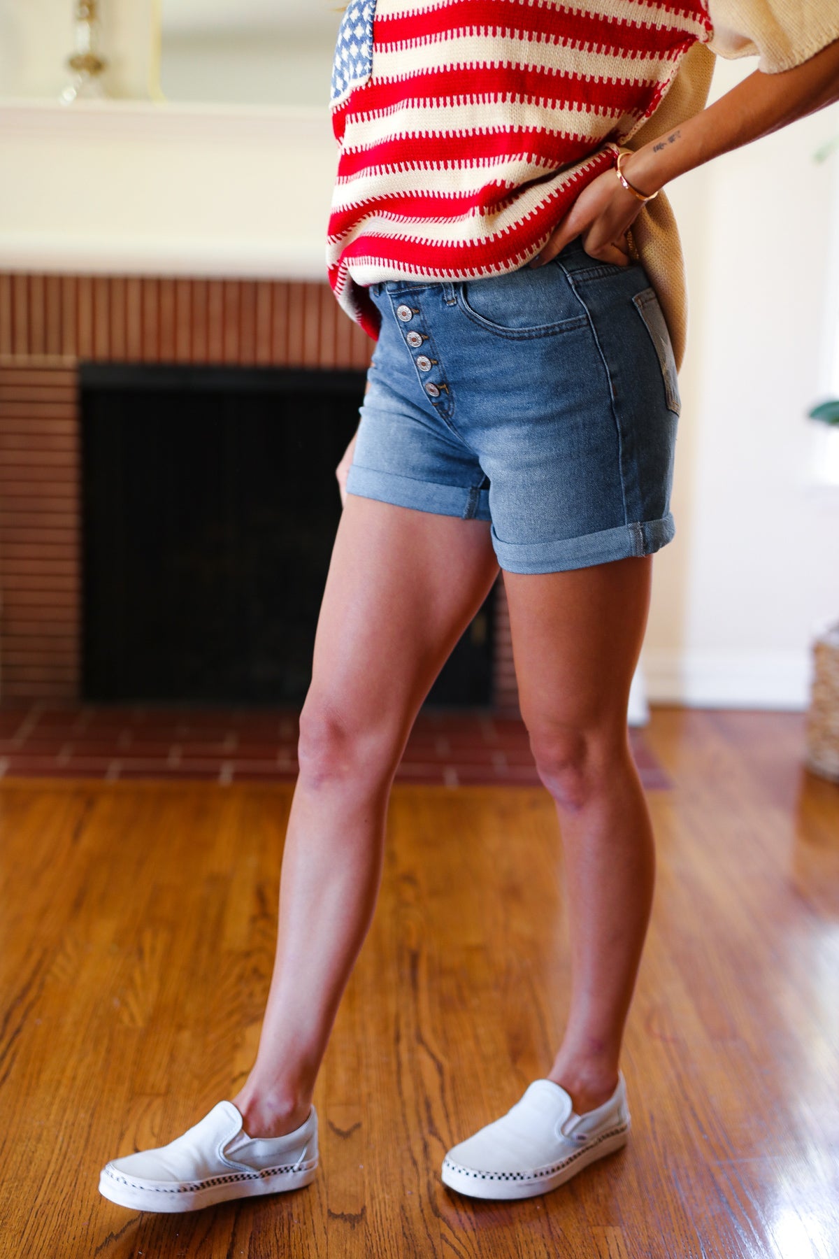 Stars & Stripes Button Fly Cuffed Hem Shorts