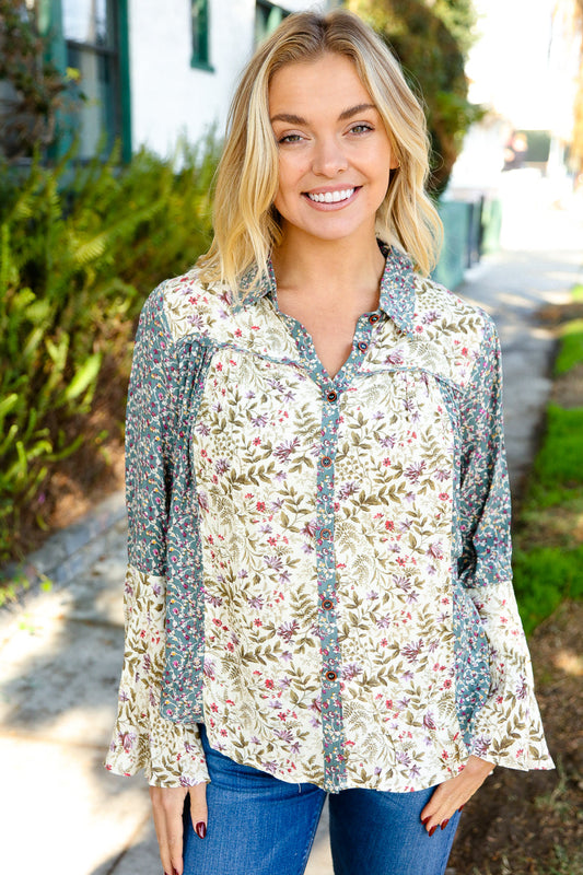 Green Oatmeal Floral Button Bell Sleeve Top