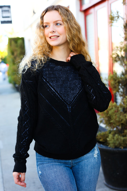 Black Cable Knit Pointelle Crew Neck Sweater