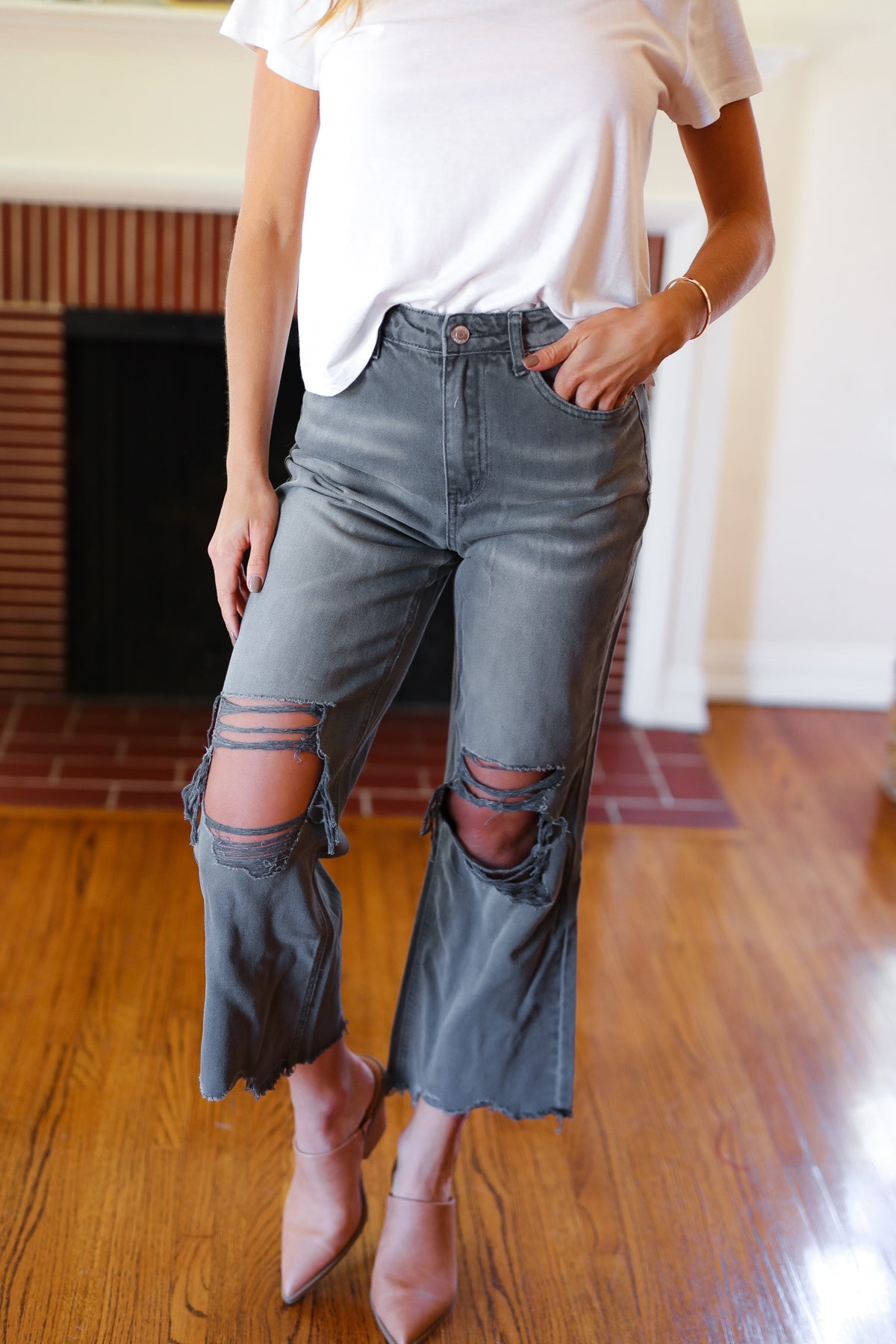 Ash Black Acid Washed High Waist Distressed Straight Pants