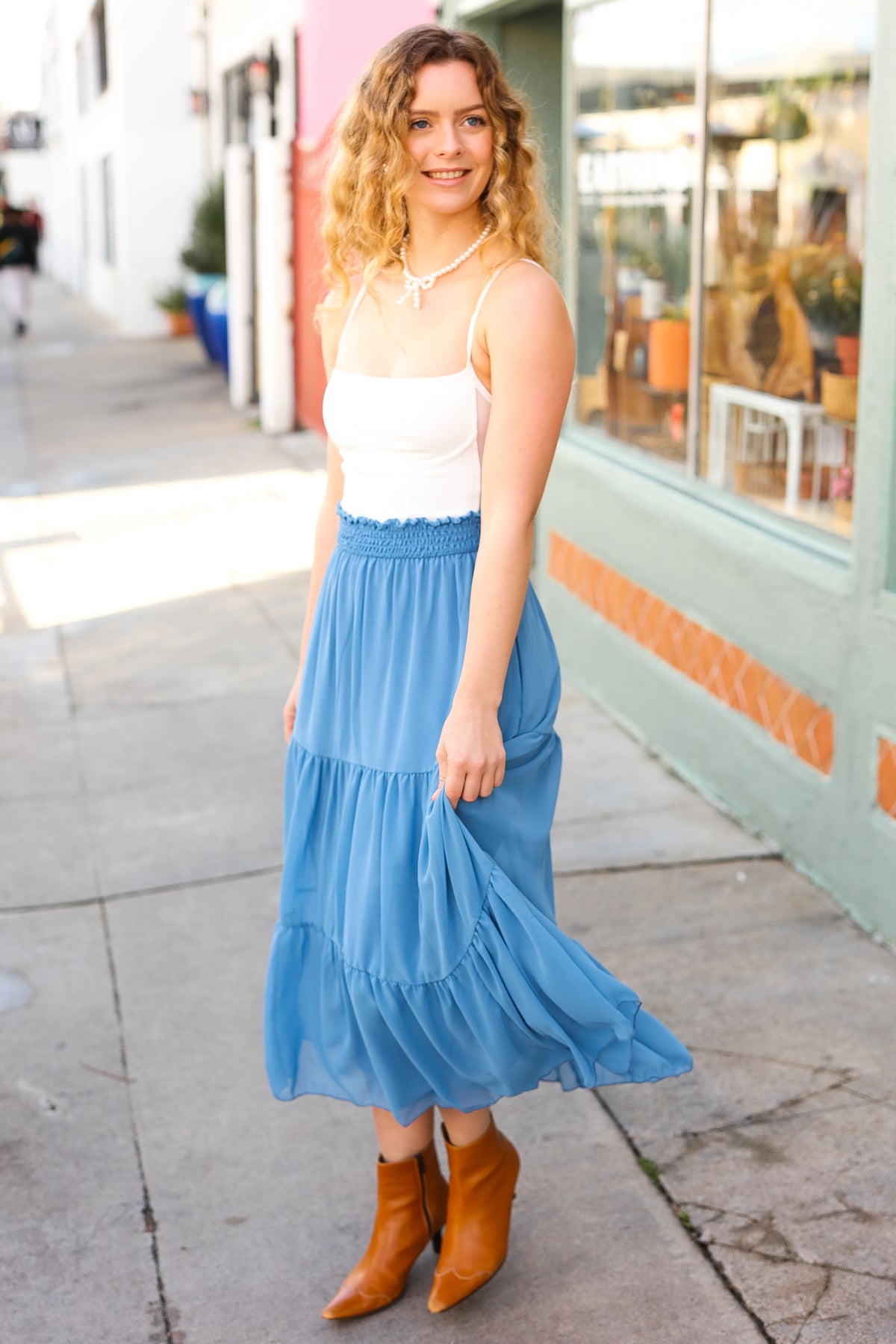 Denim Blue Smocked Waist Tiered Chiffon Skirt