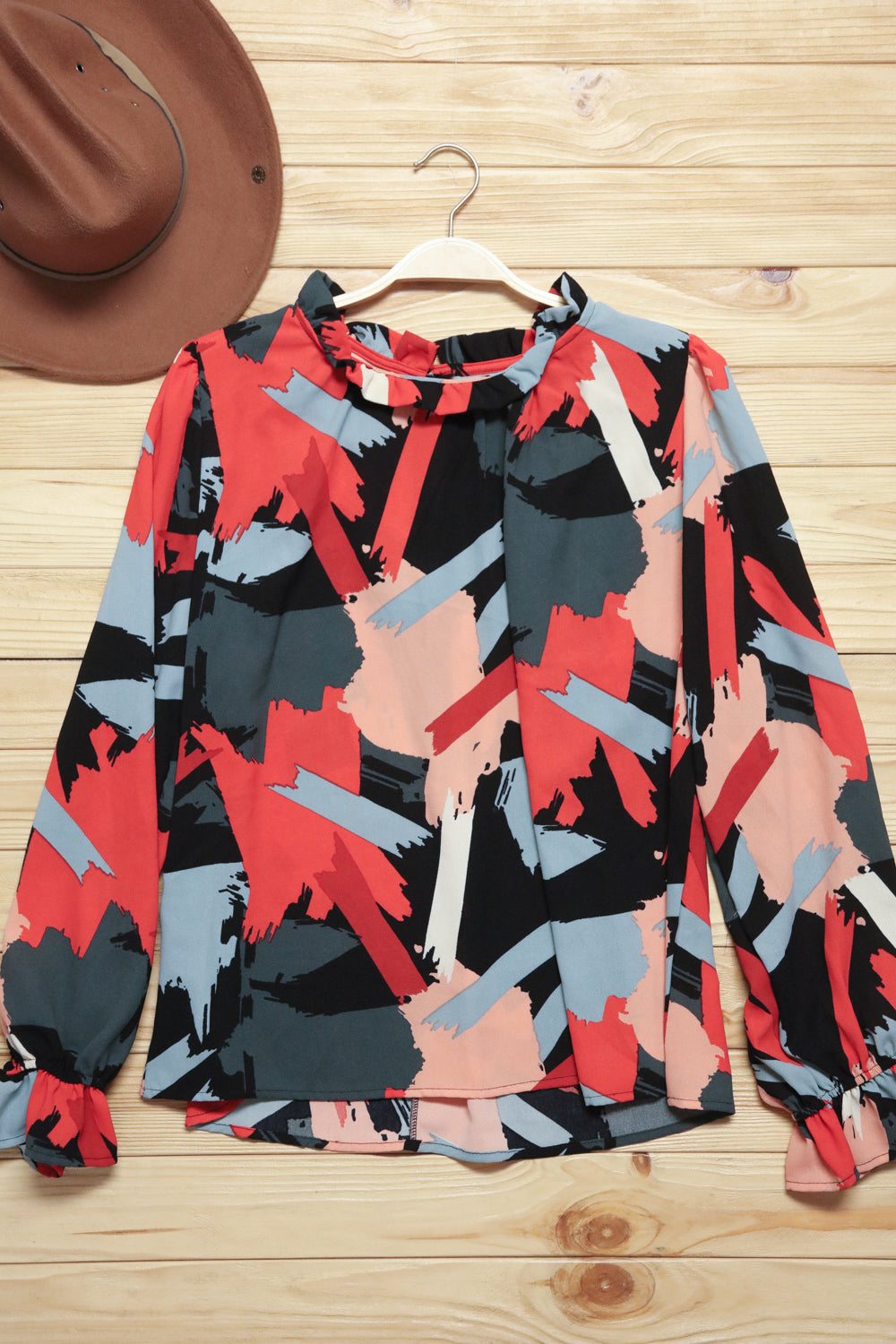 Black & Red Abstract Print Frill Neck Blouse Top