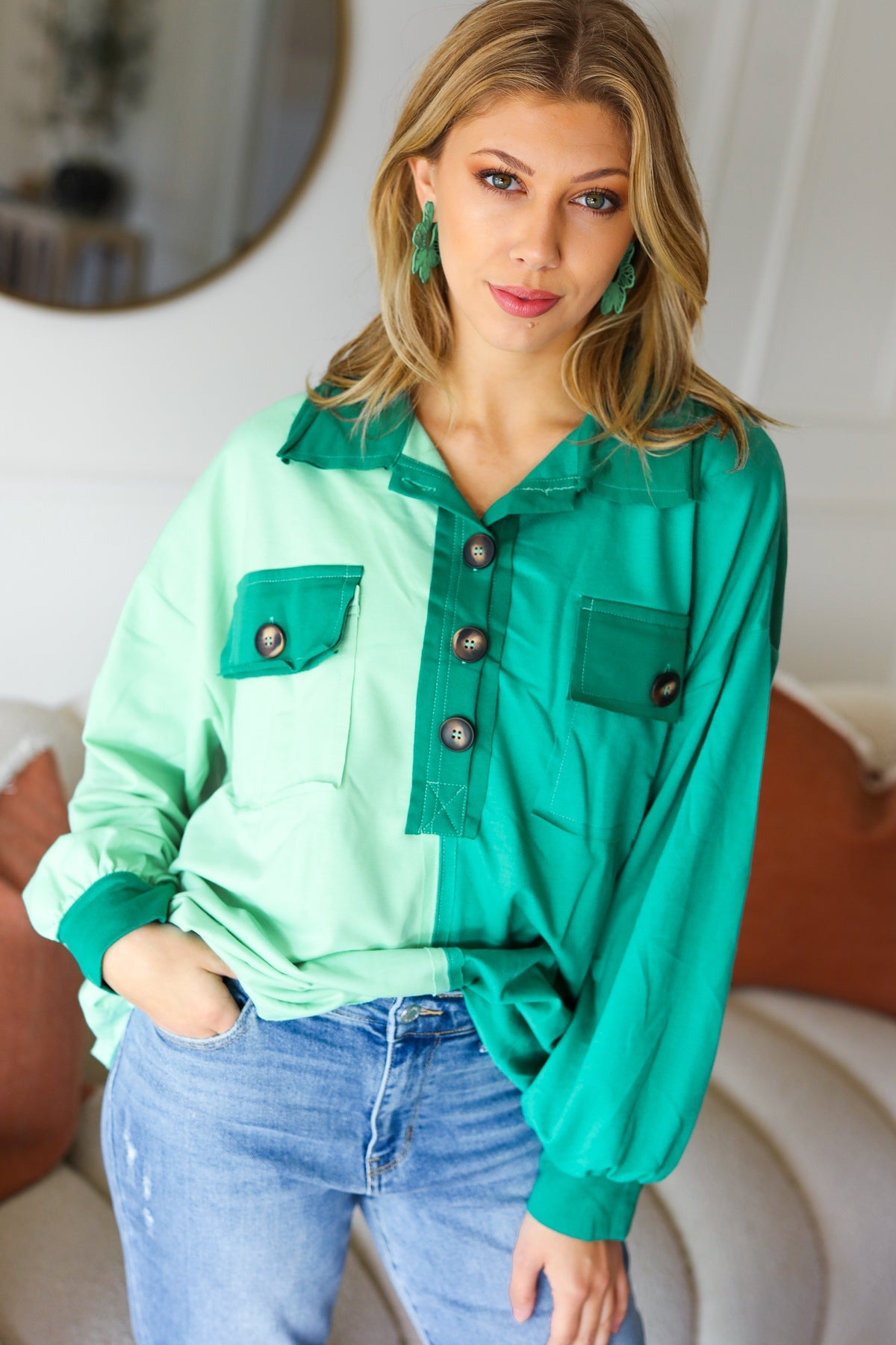 Mint Color Block Button Down Pullover Lavender Latte Boutique