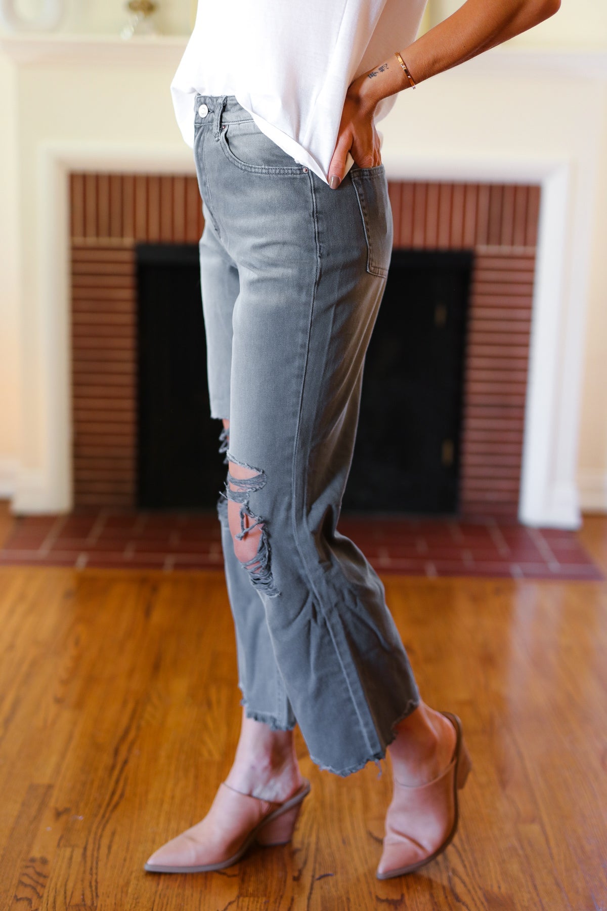 Ash Black Acid Washed High Waist Distressed Straight Pants