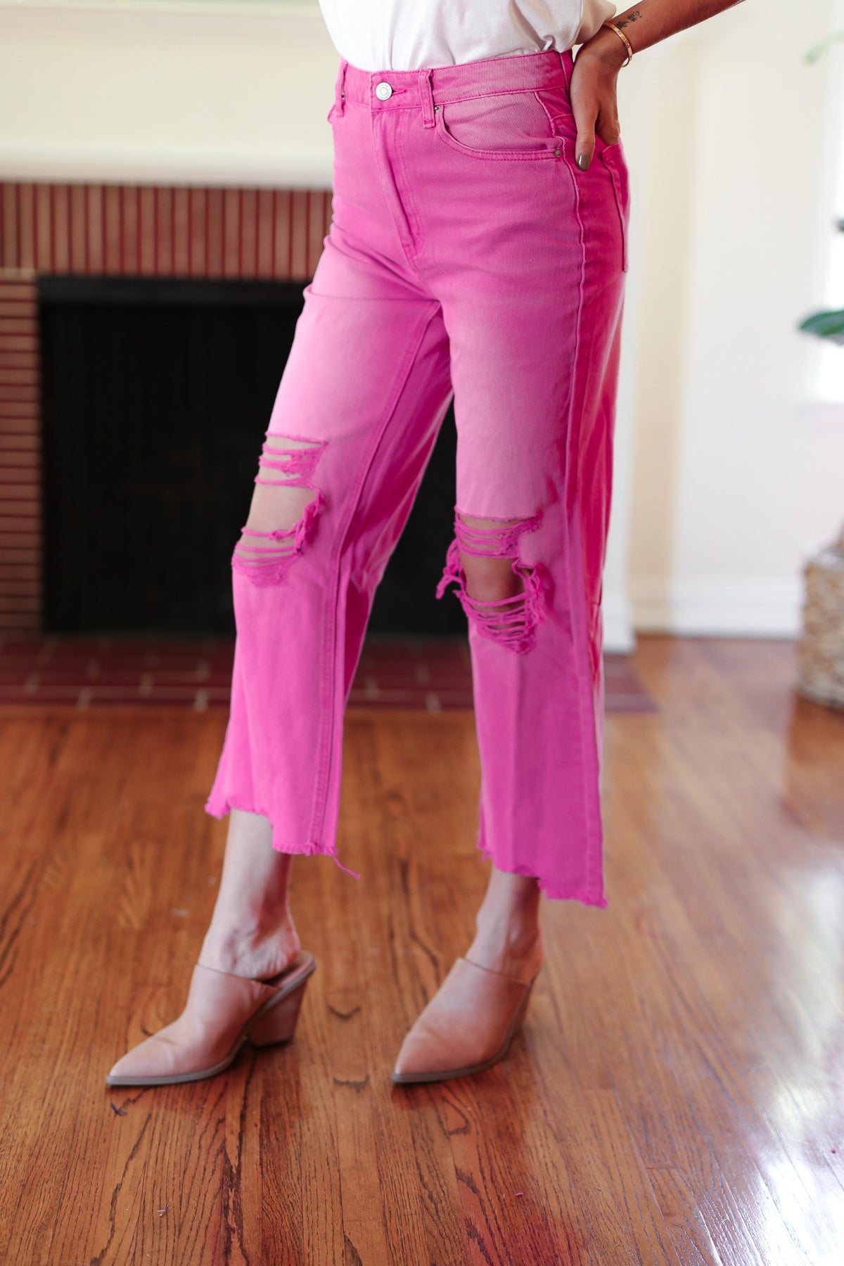 Hot Pink Acid Washed High Waist Distressed Straight Pants