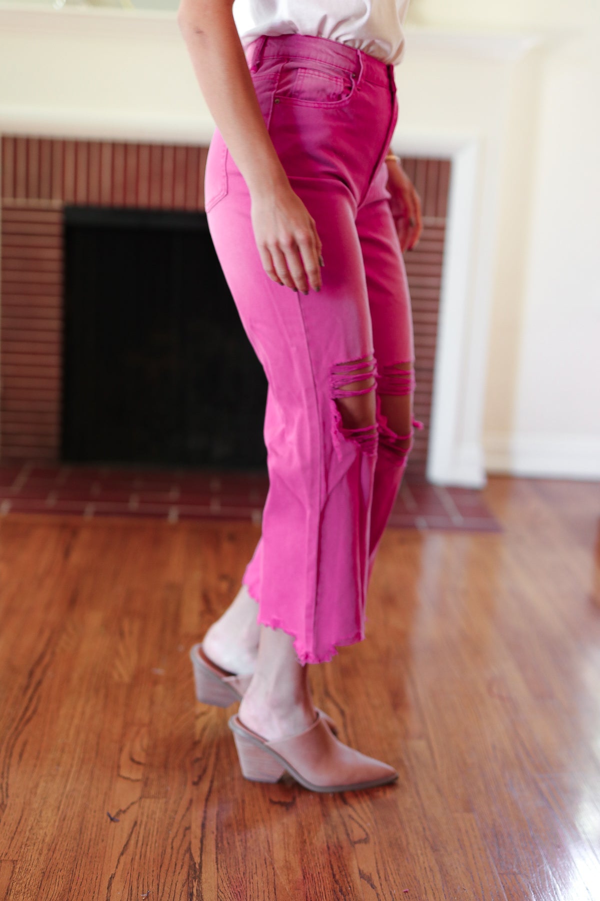 Hot Pink Acid Washed High Waist Distressed Straight Pants