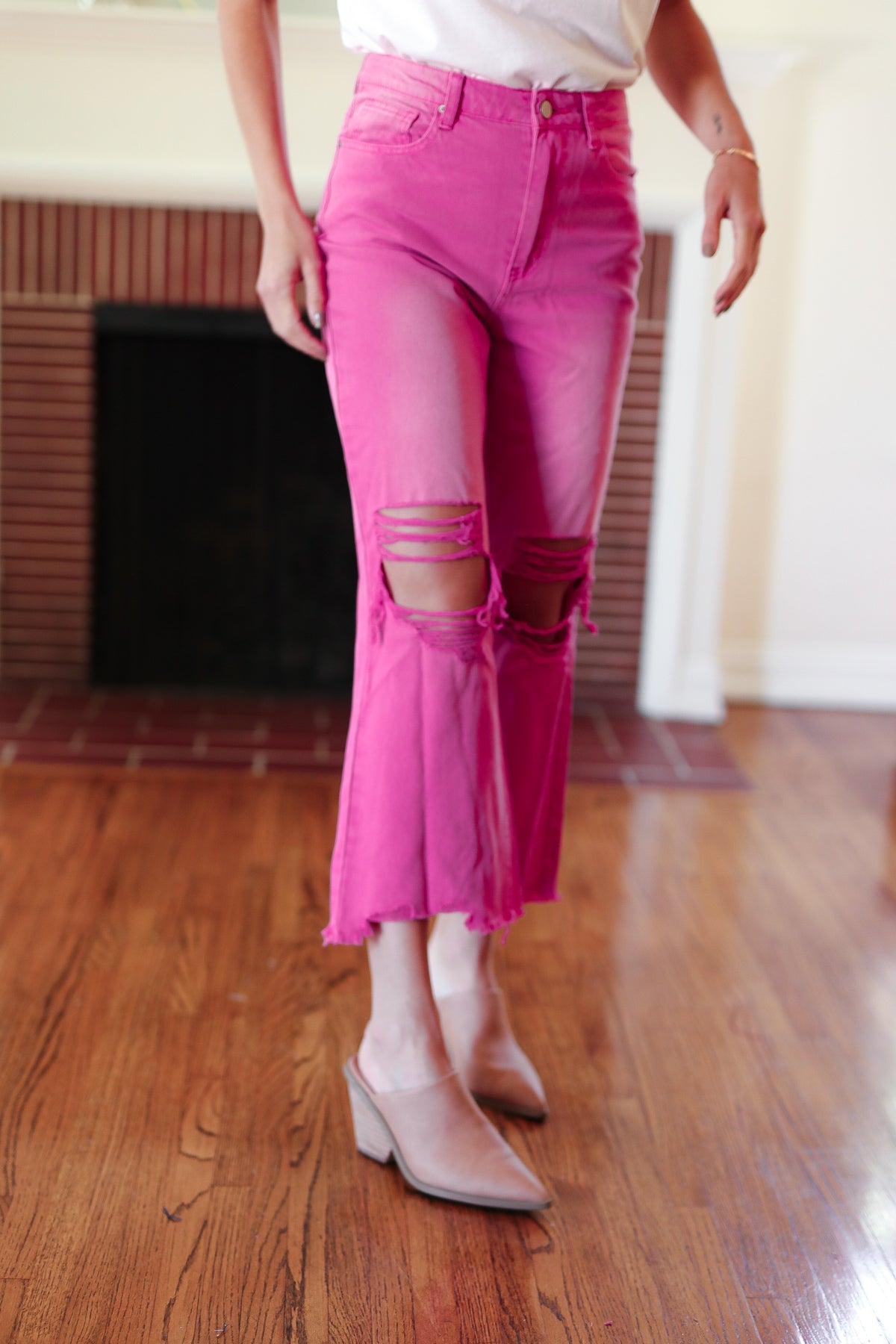 Hot Pink Acid Washed High Waist Distressed Straight Pants