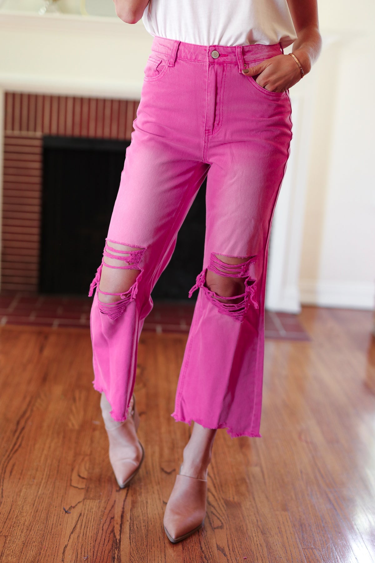 Hot Pink Acid Washed High Waist Distressed Straight Pants