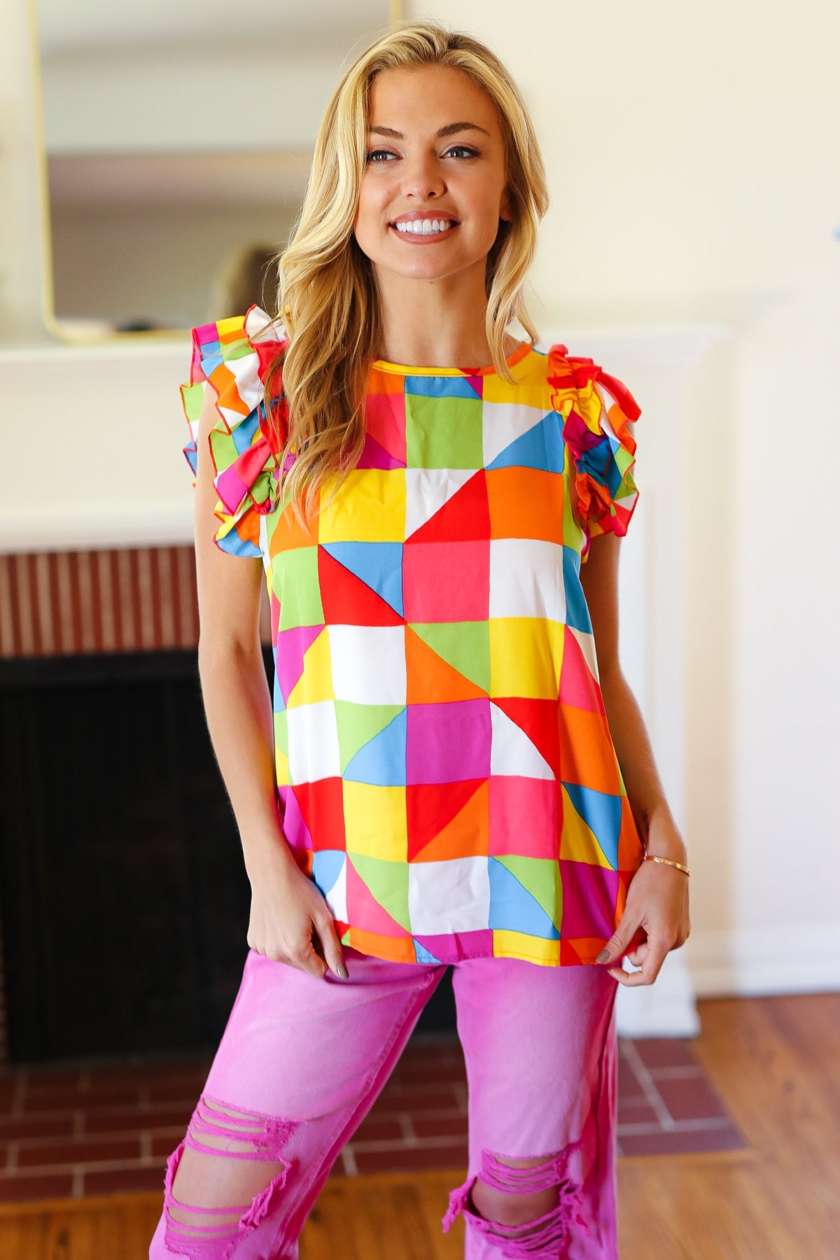 FINAL SALE - Geometric Double Ruffle Sleeve Top