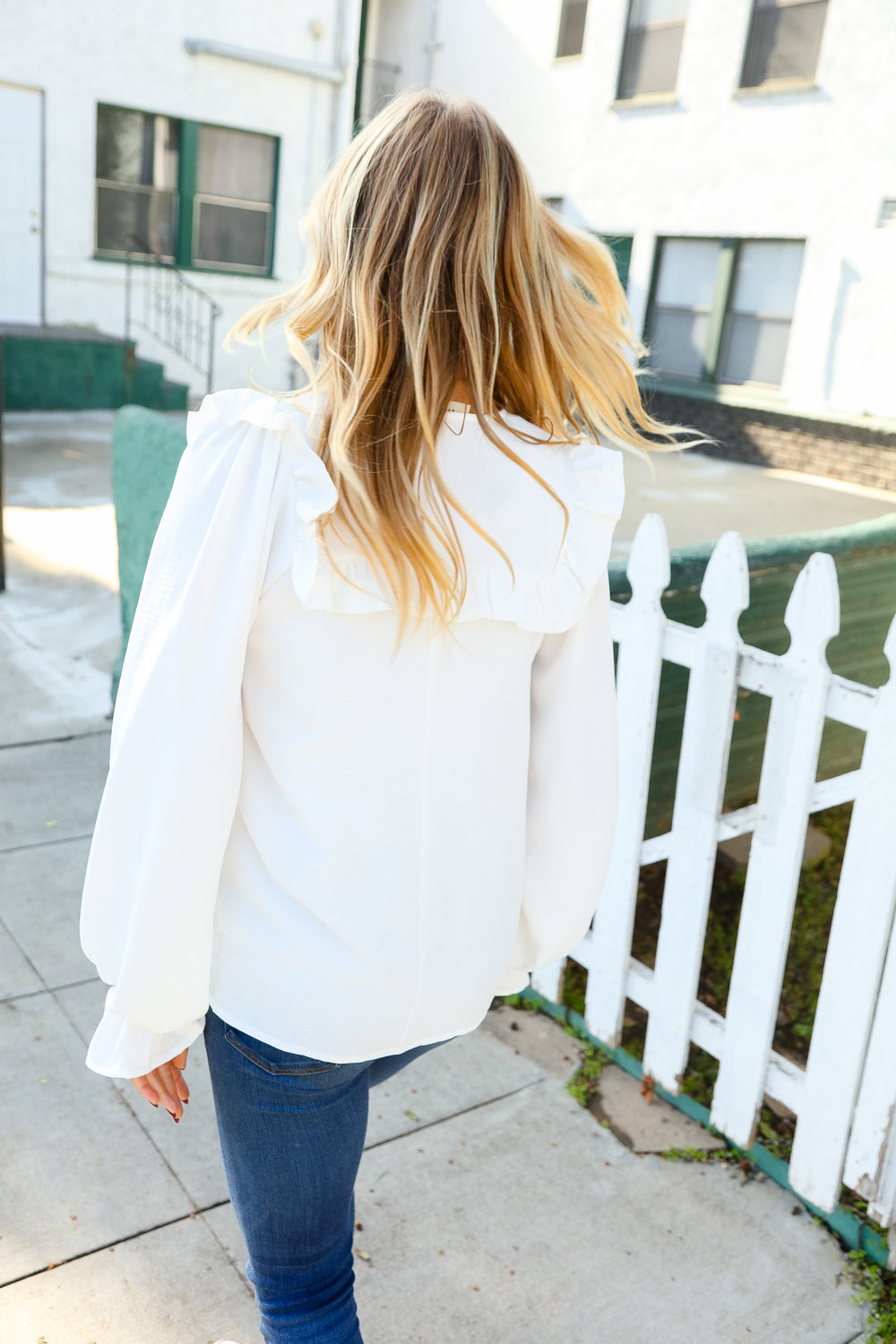 Ivory Tie Bow Ruffle Bubble Sleeve Blouse