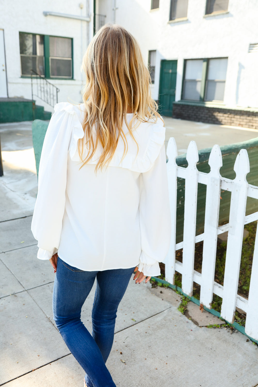 Ivory Tie Bow Ruffle Bubble Sleeve Blouse