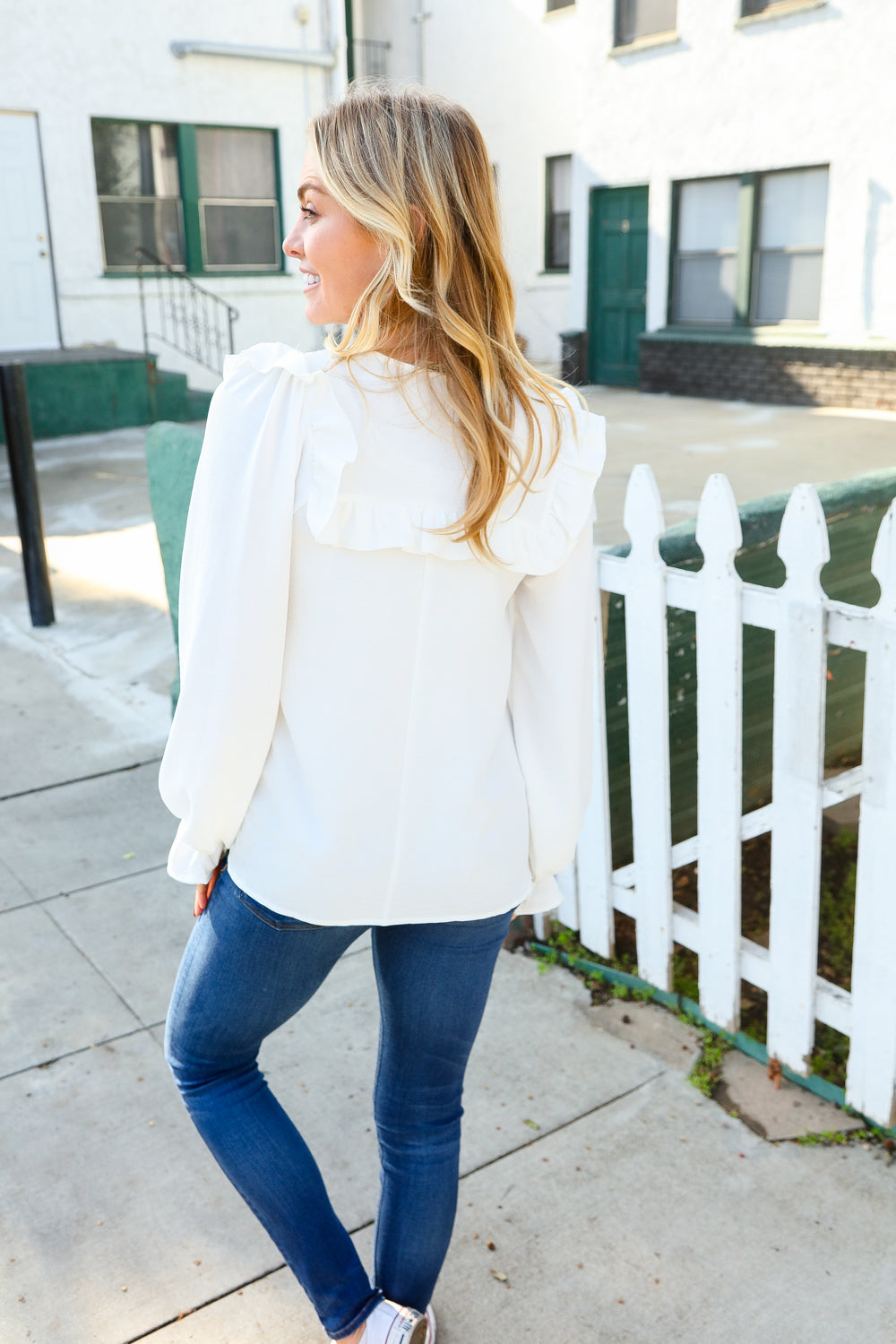 Ivory Tie Bow Ruffle Bubble Sleeve Blouse