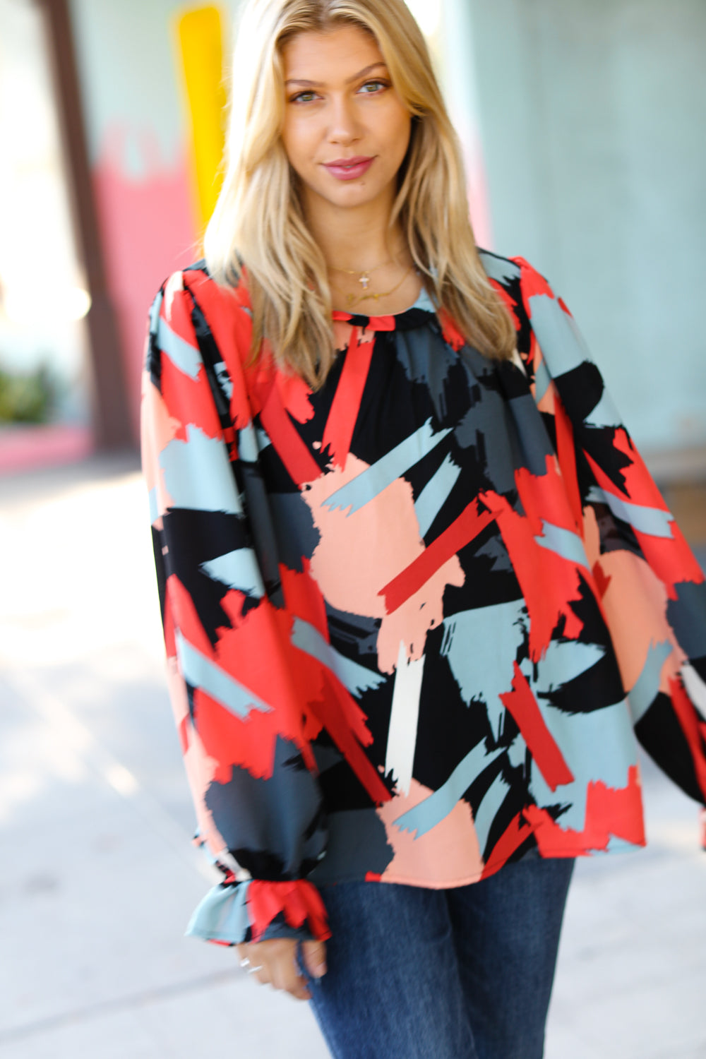 Black & Red Abstract Print Frill Neck Blouse Top
