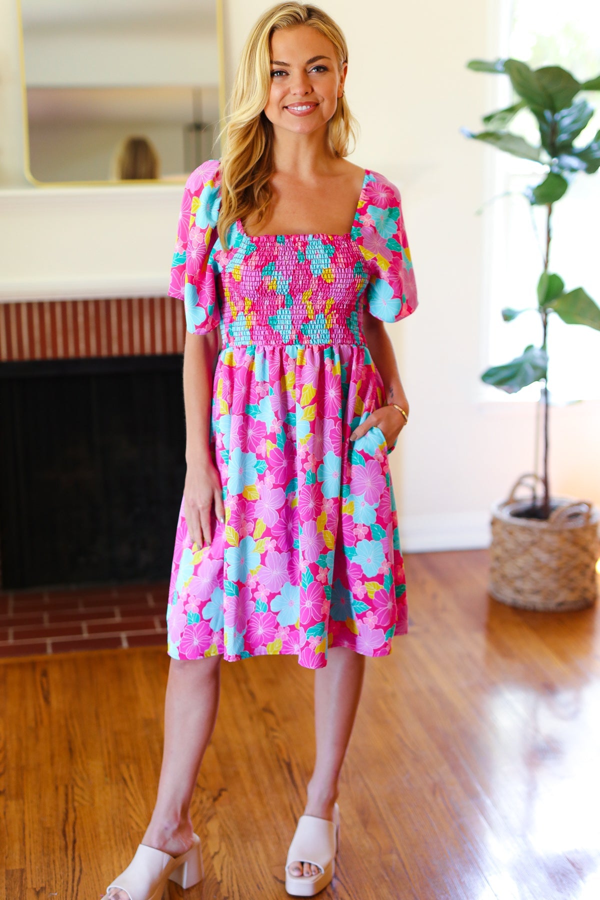 Fuchsia Floral Fit & Flare Smocked Dress