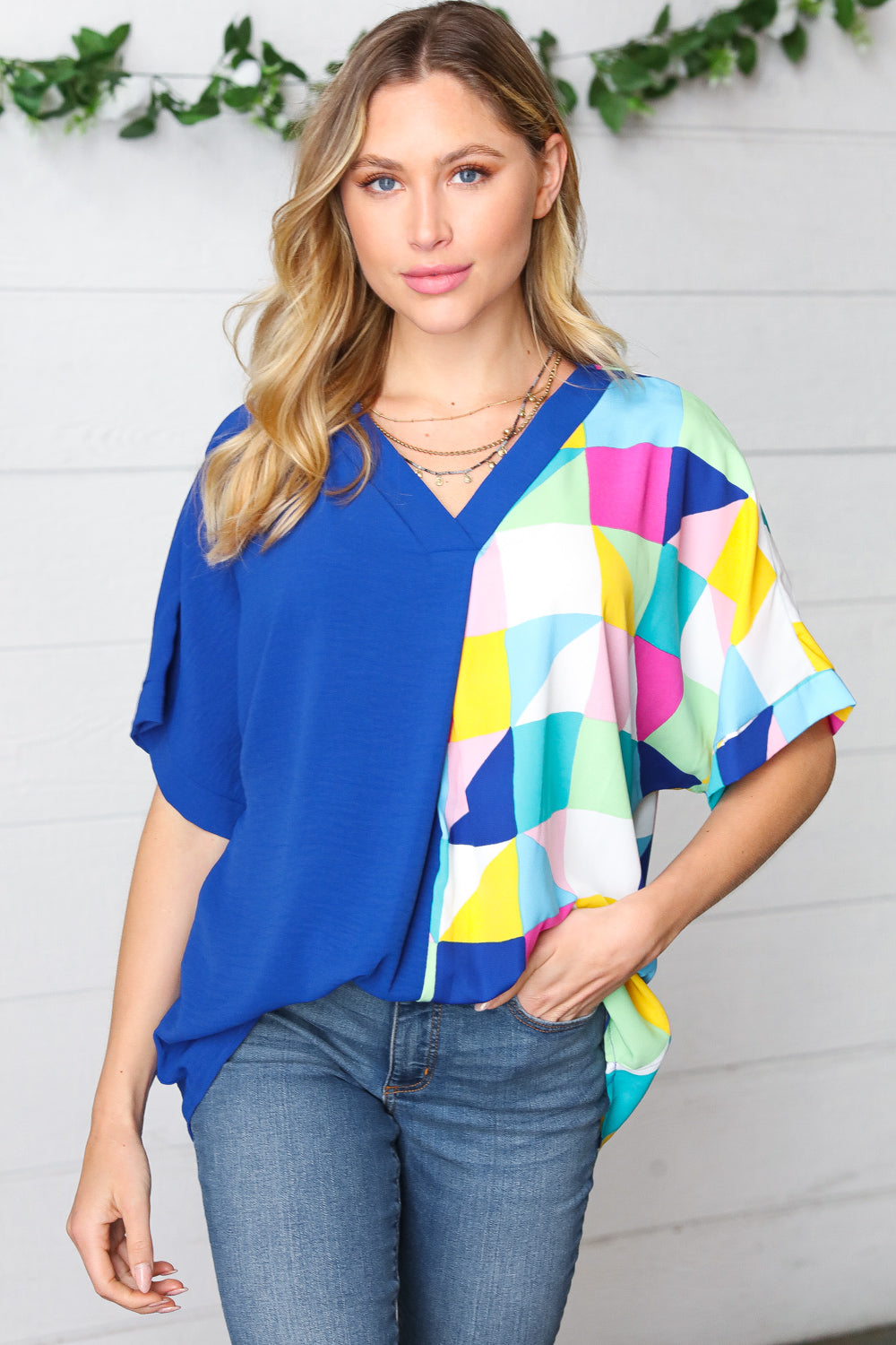 FINAL SALE - Royal Blue Multicolor Geometric Color Block Dolman Top