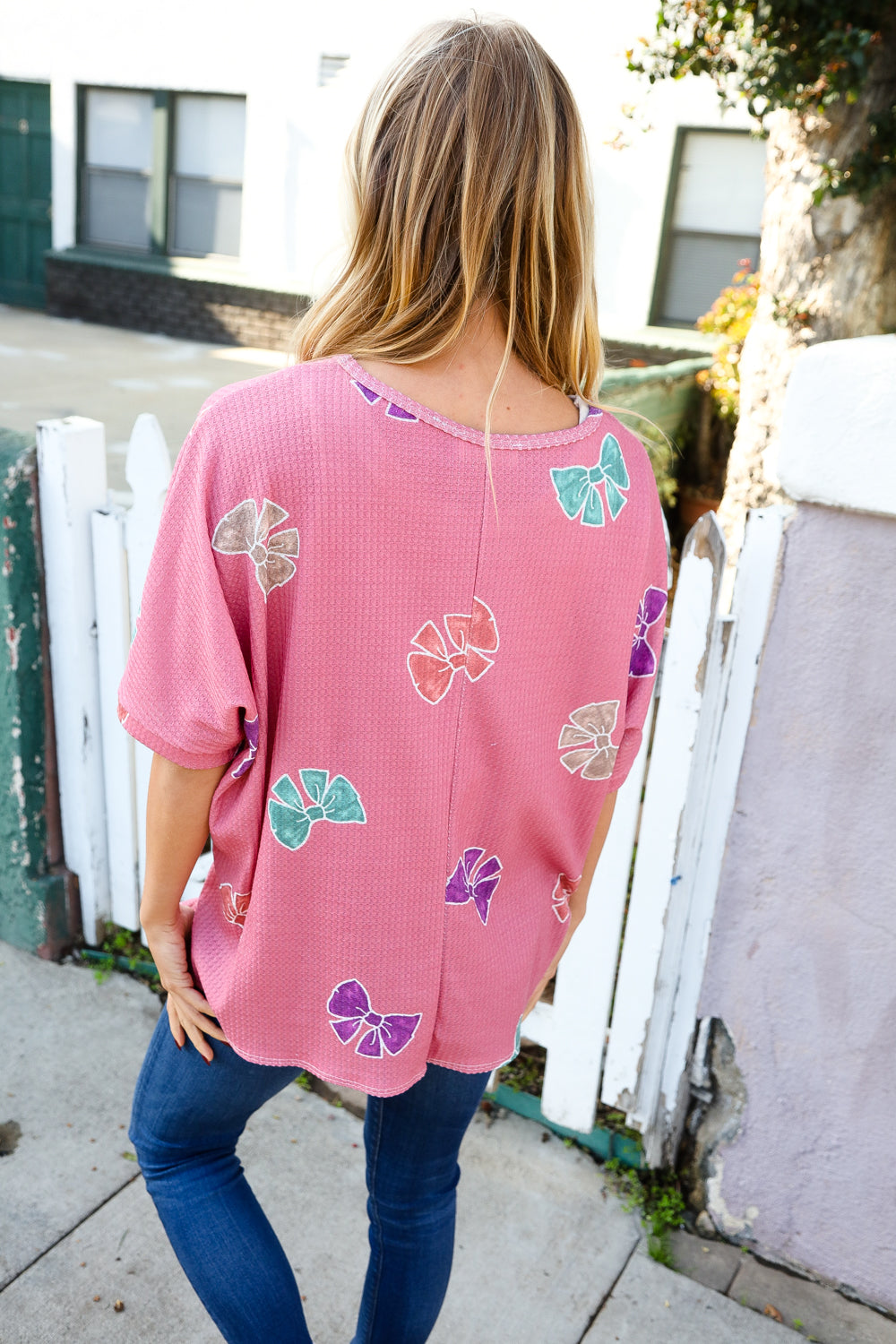 Pink Bow Print Waffle Knit Dolman Top