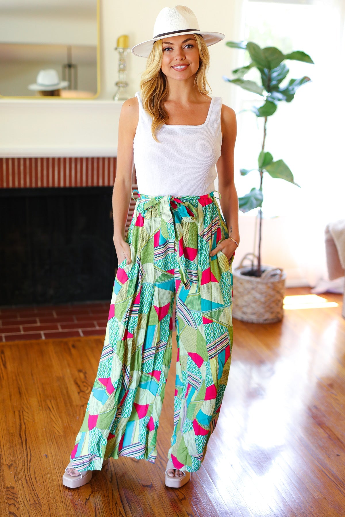 Ivory & Mint Corded Geo Print Wide Leg Jumpsuit