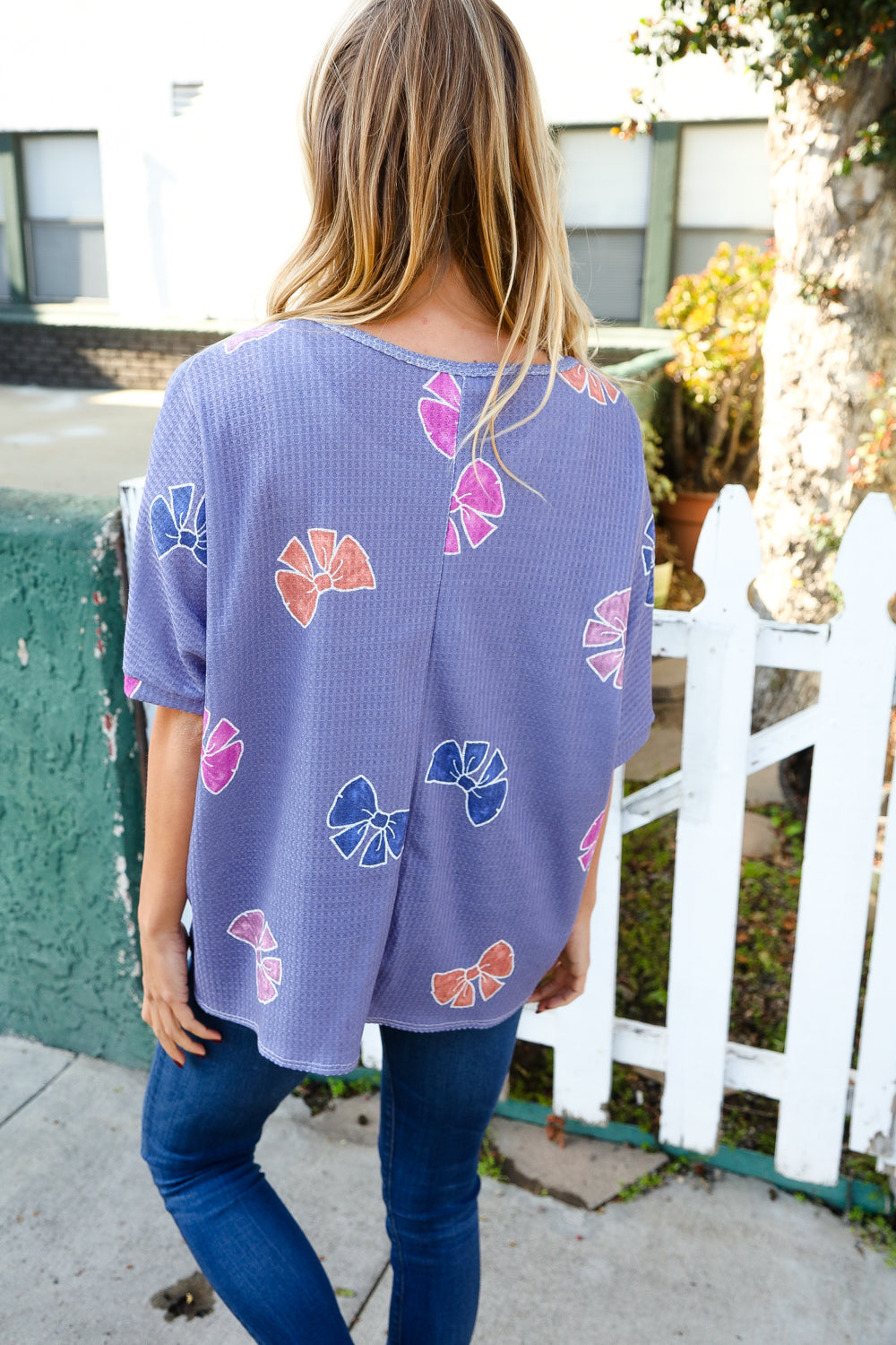 Periwinkle Bow Print Waffle Knit Dolman Top