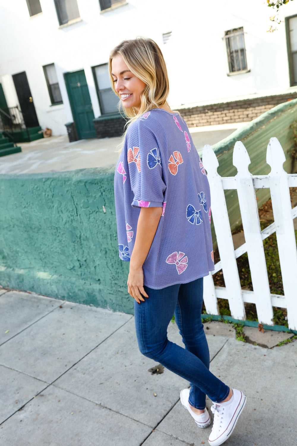 Periwinkle Bow Print Waffle Knit Dolman Top