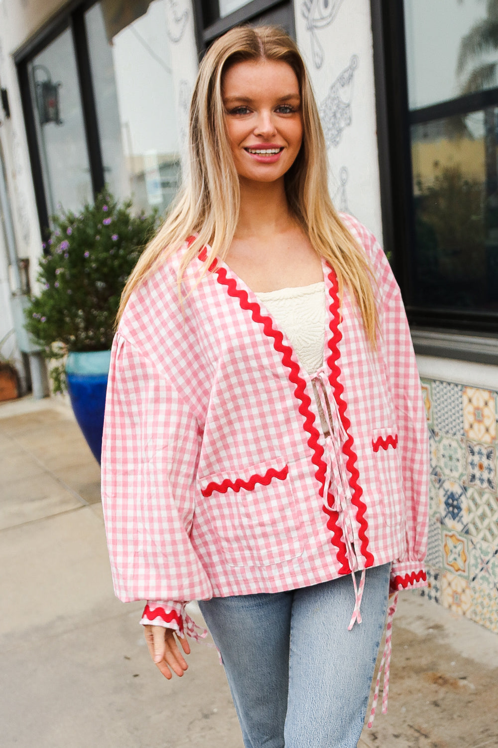 Pink Gingham Red Wavy Trim Front Tie Jacket