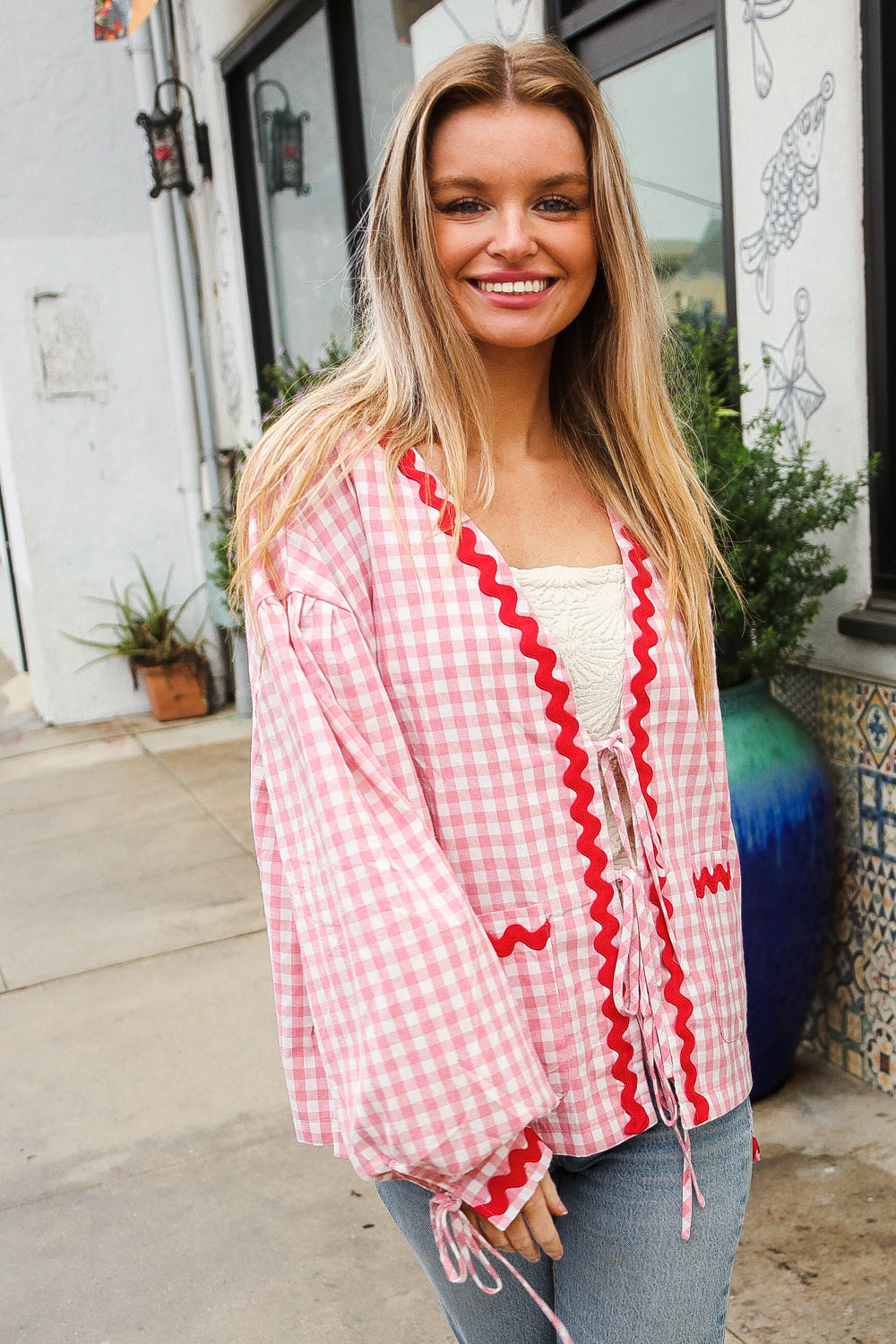 Pink Gingham Red Wavy Trim Front Tie Jacket