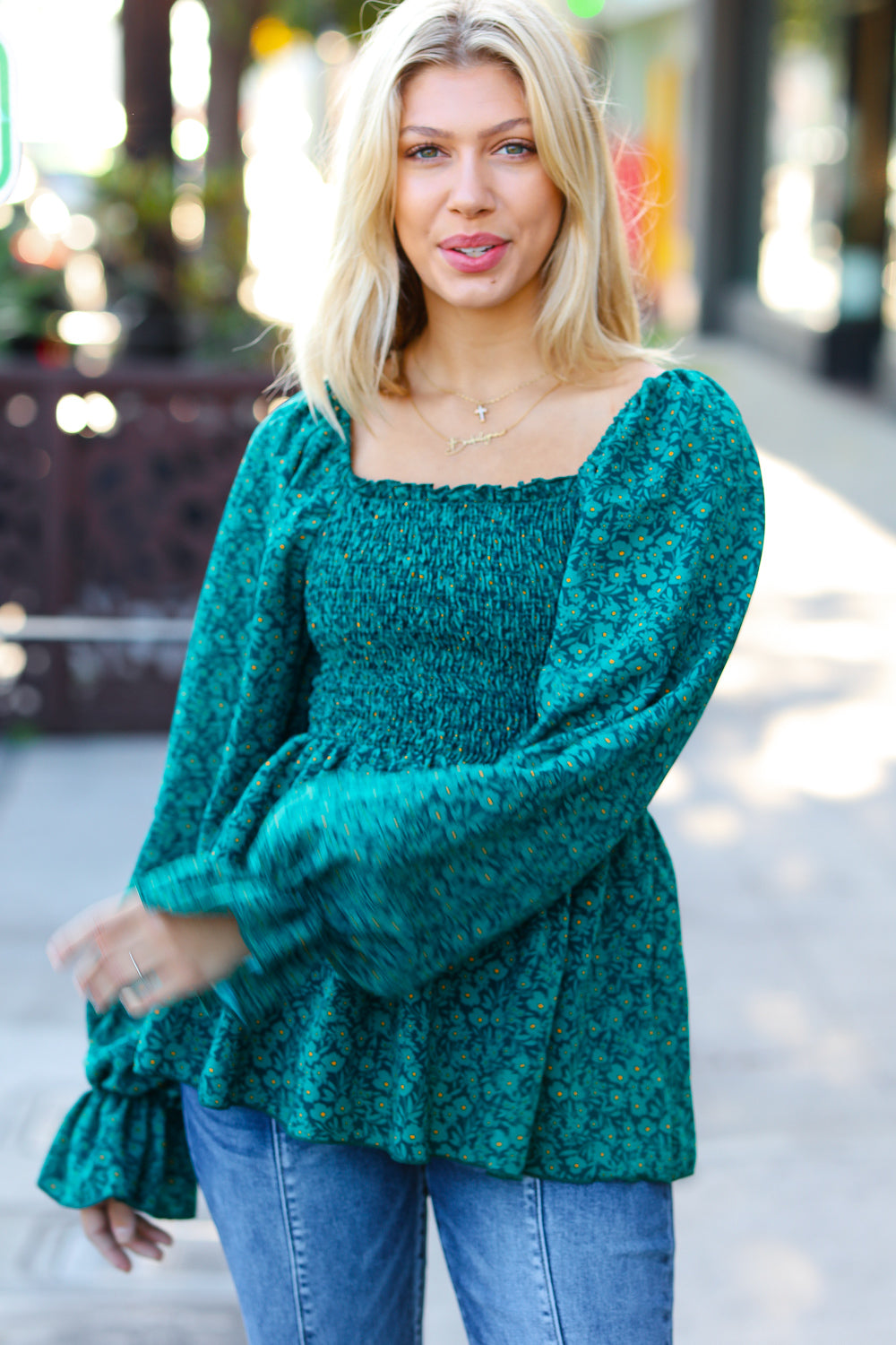 Always With You Teal Ditsy Floral Smocked Babydoll Blouse Top