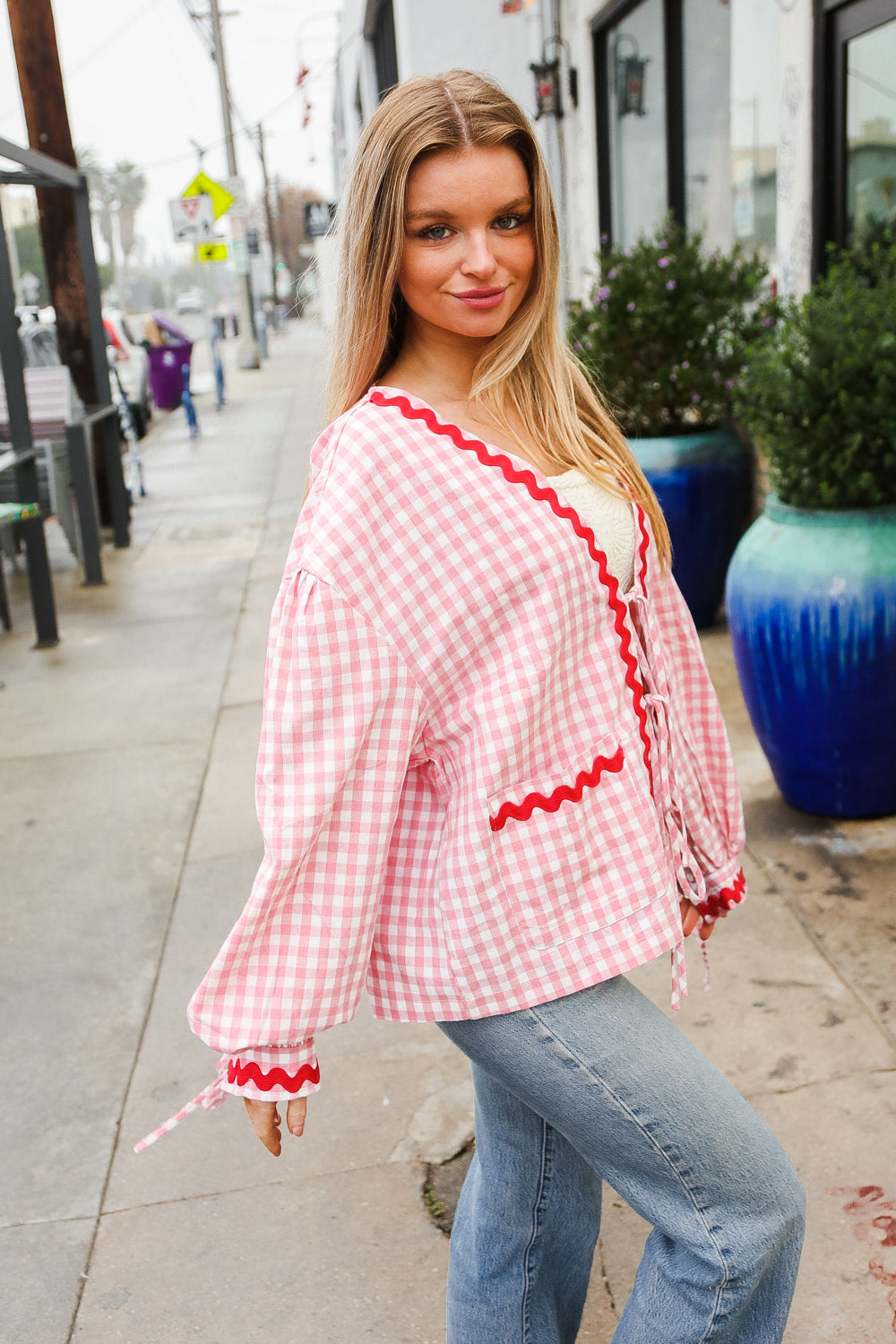 Pink Gingham Red Wavy Trim Front Tie Jacket