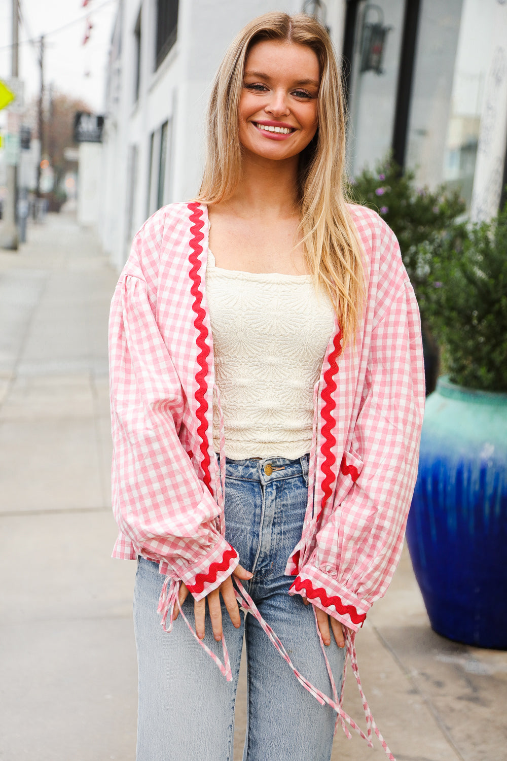 Pink Gingham Red Wavy Trim Front Tie Jacket