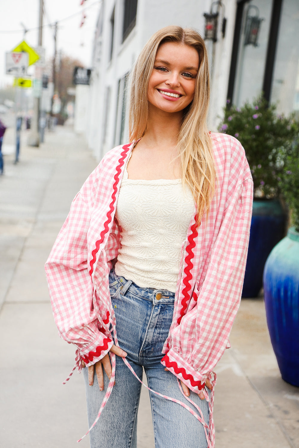 Pink Gingham Red Wavy Trim Front Tie Jacket