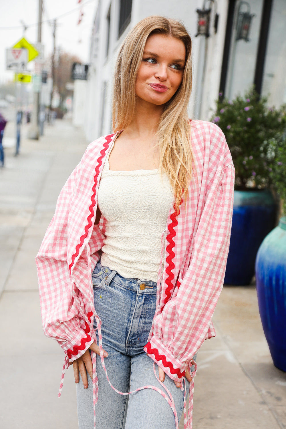 Pink Gingham Red Wavy Trim Front Tie Jacket