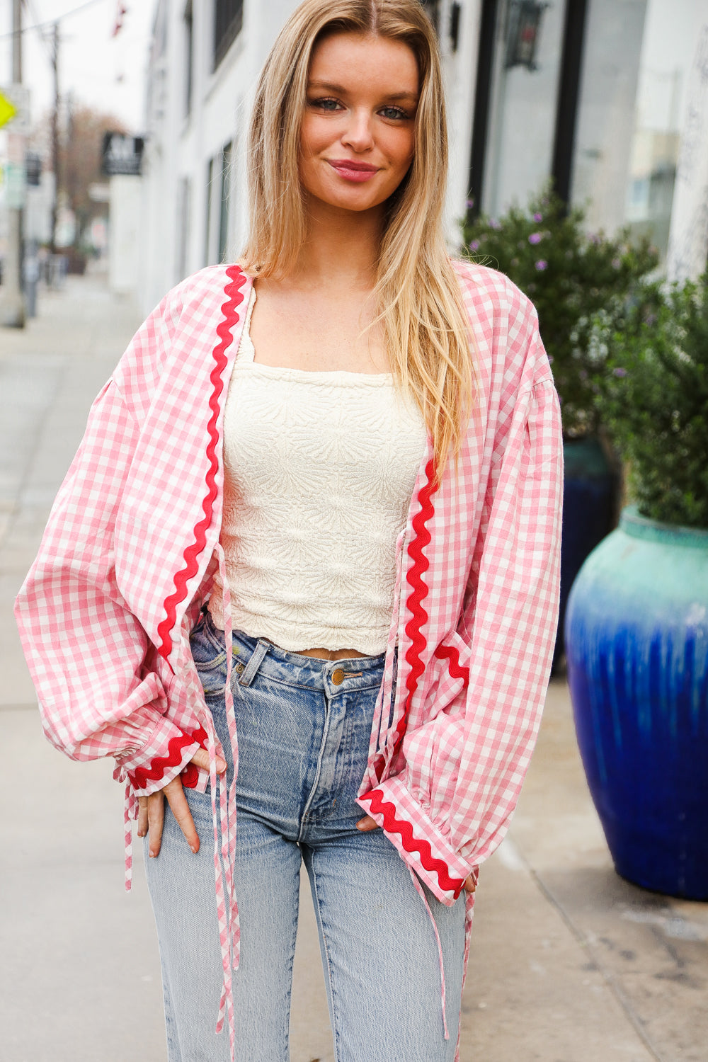 Pink Gingham Red Wavy Trim Front Tie Jacket